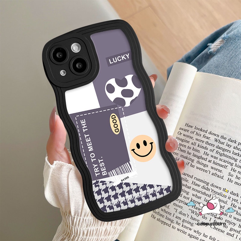 Art Pola Splicing Casing Belakang Kompatibel Untuk iPhone 7Plus 11 13 12 14 Pro Max 6s 6 7 8 Plus XR X XS Max SE 2020 Fashion Houndstooth Leopard Smiley Lucu Lembut Bergelombang Penutup Tepi