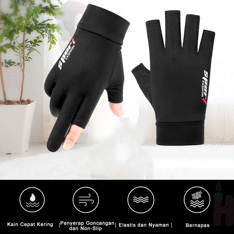 Sarung Tangan Motor Sepeda Pria Wanita Pelindung dari sinar matahari dan debu Ice Silk Gloves Anti Slip Es Sutra Nyaman dan Bernapas Cewek Anti Air Touch Screen Setengah Jari Half Finger