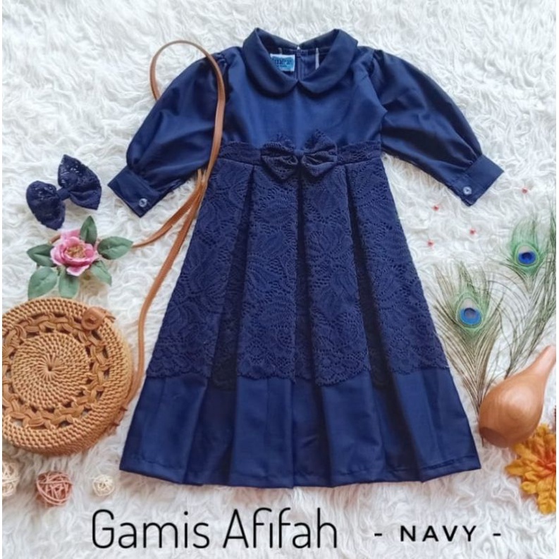 GAMIS KATUN TOYOBO MIX BROKAT ANAK & DEWASA "' GAMIS AFIFAH '" WARNA NAVY