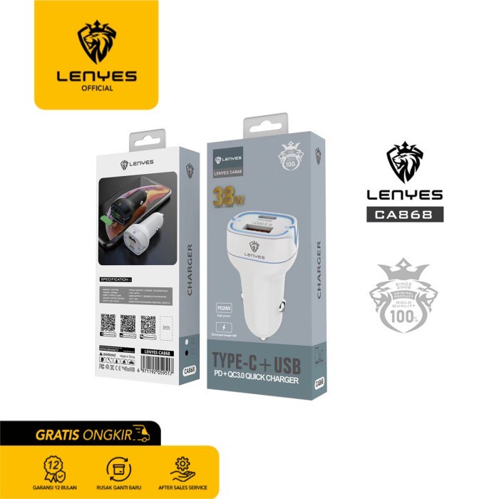 LENYES CA868 Charger Mobil Fast Charge 38W 2 Port USB Type C Original - White original kabel cable casan travel charger tc android usb charger micro usb type c batok kepala charger