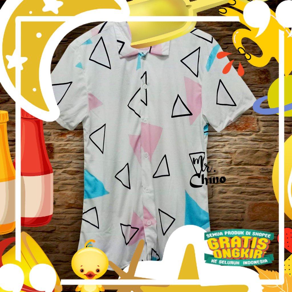 Baju Kemeja Motif Random Triangles | Kemeja Hawaiian Shirt Pria Wanita Kekinian | Kemeja Pantai Puti