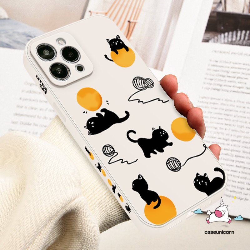 Kartun Kucing Lucu Tali Bermain Casing Ponsel Kompatibel Untuk iPhone 7Plus XR 11 13 12 14 11 Pro Max 6 7 8 6S Plus X XS Max SE 2020 Tepi Lurus Motif Sisi Lucu Tpu Soft Cover