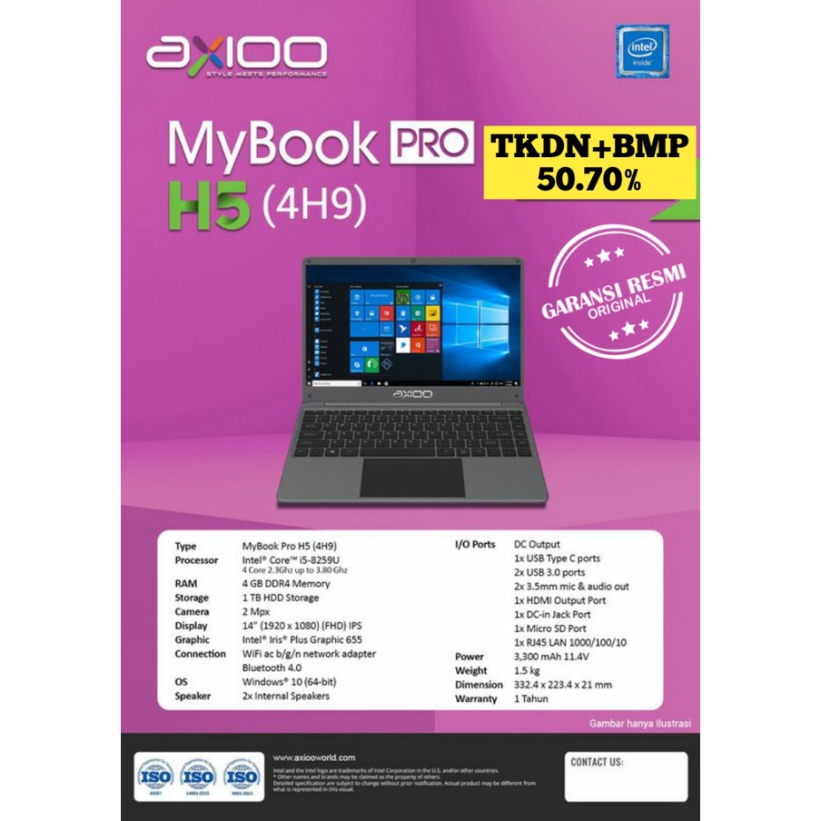 LAPTOP AXIOO MYBOOK PRO H5 (4H9) i5 RAM 4GB 1TB 14&quot;FHD IPS TKDN GARANSI RESMI