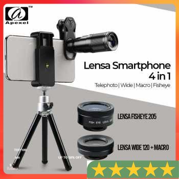 APEXEL 4 in 1 Lensa Smartphone Telezoom Telephoto Wide Macro Fisheye - APL-22X105-4IN1