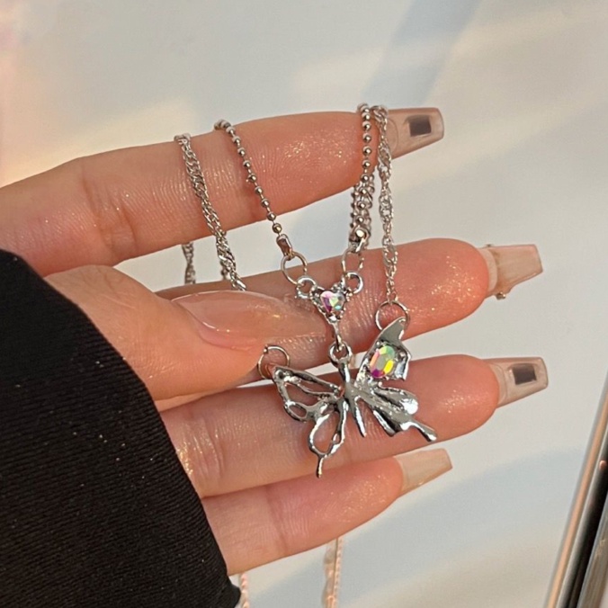 Ifyou Y2K Butterfly Rantai Ganda Kalung Hati Zirkon Liontin Perak Choker Untuk Wanita Perhiasan Aksesoris