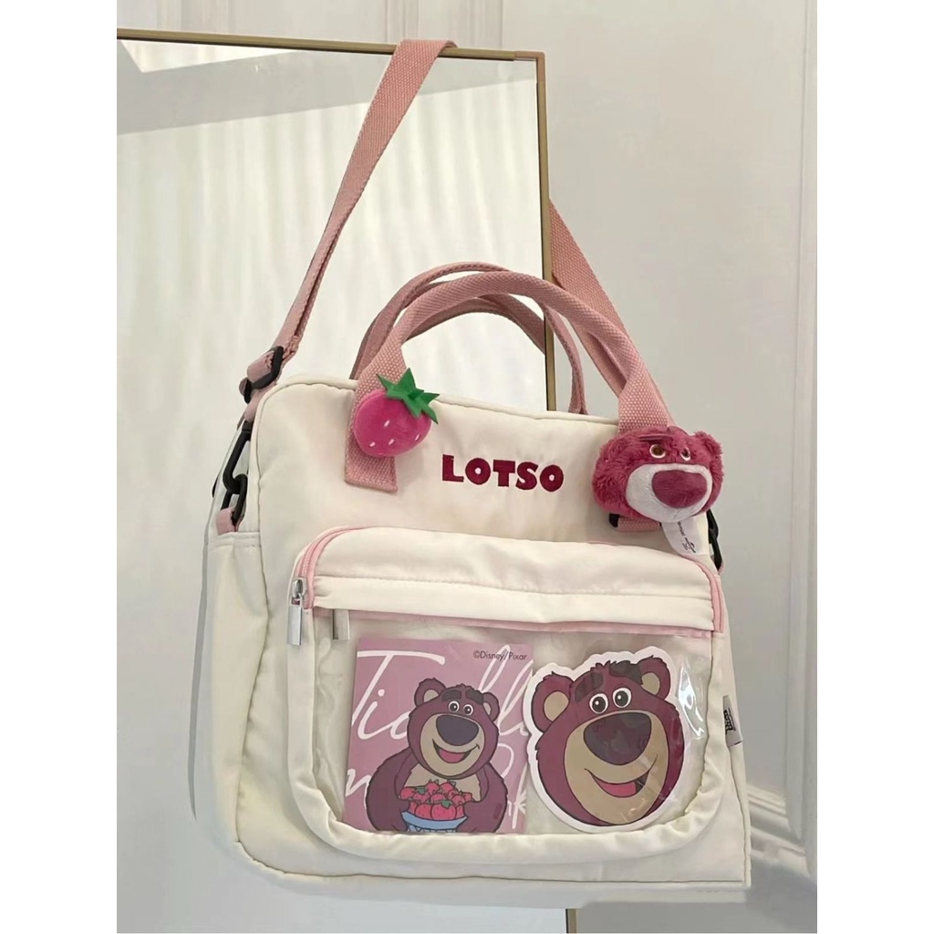 ♣Sera Toko  Strawberry Beruang Warna Kontras Kanvas Satu Bahu Messenger Tas Wanita Kartun Lucu Tas Laptop Musim Gugur dan Musim Dingin Ransel Serbaguna