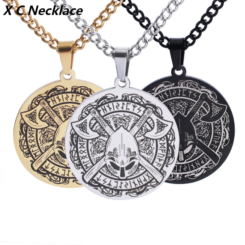 [Kalung X C] New Gold &amp; Silver Hip-hop Punk Retro Viking Odin Helm Kapak Tempur ​Kalung titanium Steel Liontin Anti Karat Untuk Perhiasan Hadiah Liburan Pria Dan Wanita