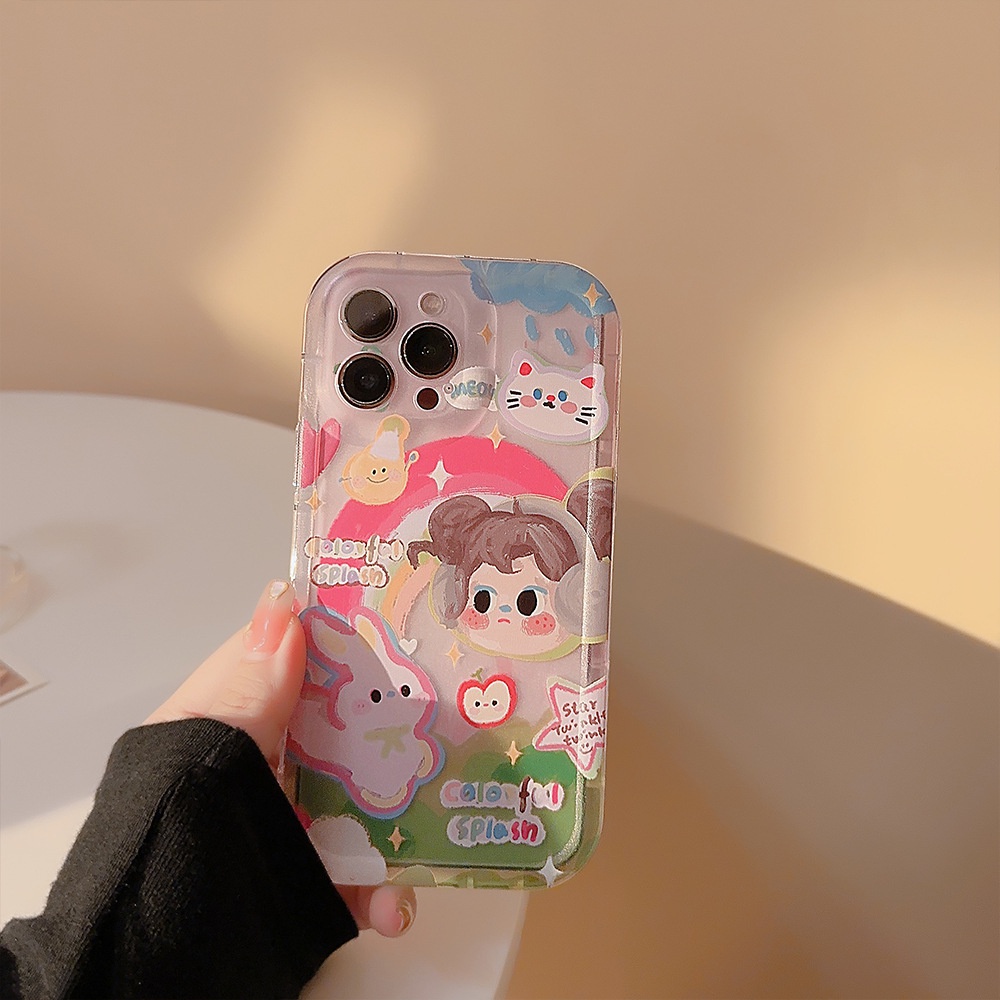 IPHONE Kartun Lucu Pelangi Earphone Gadis Lukisan Minyak Perlindungan Penuh Casing Ponsel Soft Covers Untuk Iphone11 12 13 14 PLUS PRO MAX Shockproof Shell