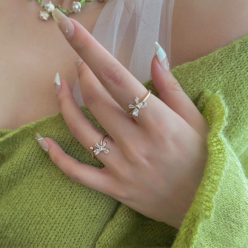Open design sparkling diamond zircon butterfly gold ring lady korean