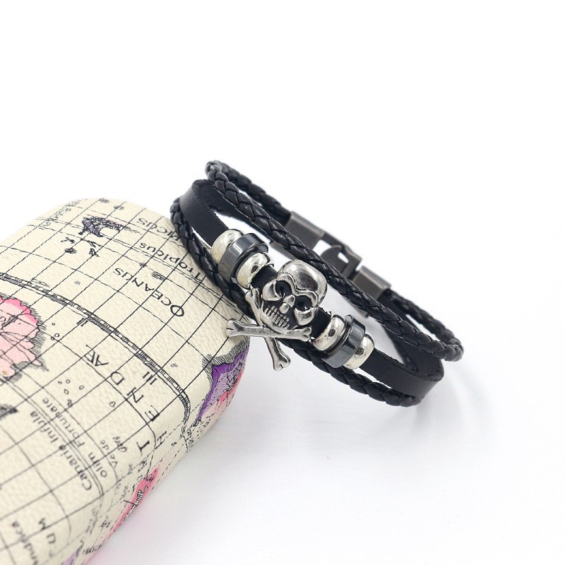 [X C Gelang] Baru Tengkorak Kepala Gesper Gelang Kulit Hitam Vintage Hip Hop Punk Gelang Kulit Lengan Manik-Manik Multilayer Zinc Alloy Anyaman Gelang