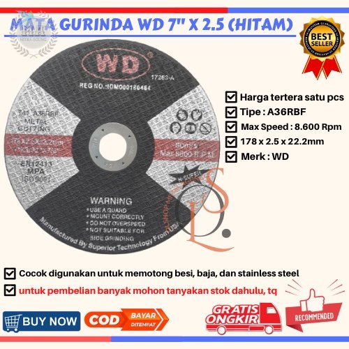 MATA GURINDA POTONG BESI WD 7 inch x 2.5 mm MATA POTONG BESI WD BLACK OLS BATU POTONG WD POLES Mata Gerinda Batu