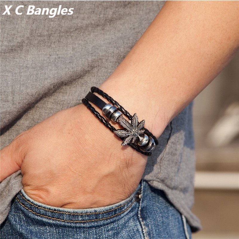 [X C Gelang] Baru Maple Leaf Style Gelang Kulit Hitam Vintage Hip Hop Punk Gelang Kulit Lengan Manik-Manik Multilayer Zinc Alloy Anyaman Gelang