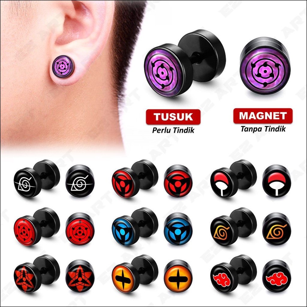 [EZ Art] 1Buah Anting Magnet Anime Naruto Mata Sharingan Rinnegan Jepit Tusuk Barbel Roda Bulat Hita