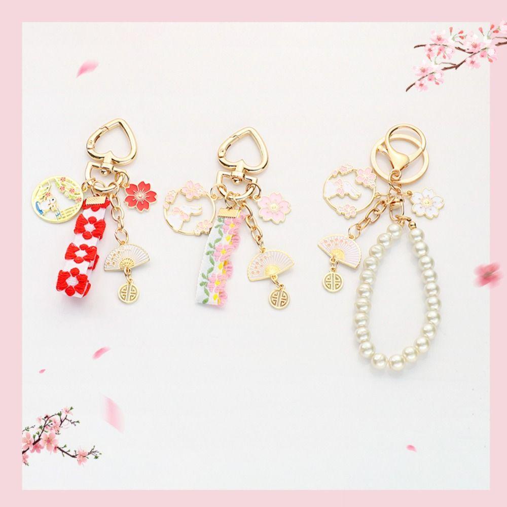 Agustin Gaya Korea Liontin Gantungan Kunci Mobil Fashion Kipas Mutiara Kawaii Sakura Rabbit Keychain