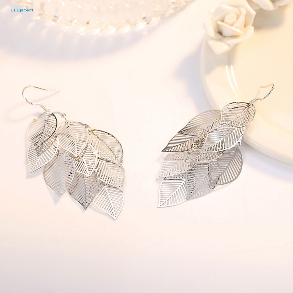Lilyscent 1pasang Nyaman Memakai Anting Rumbai Fashion Aksesoris Fashion Berlapis Daun Berongga Rumbai Kait Anting Berlebihan