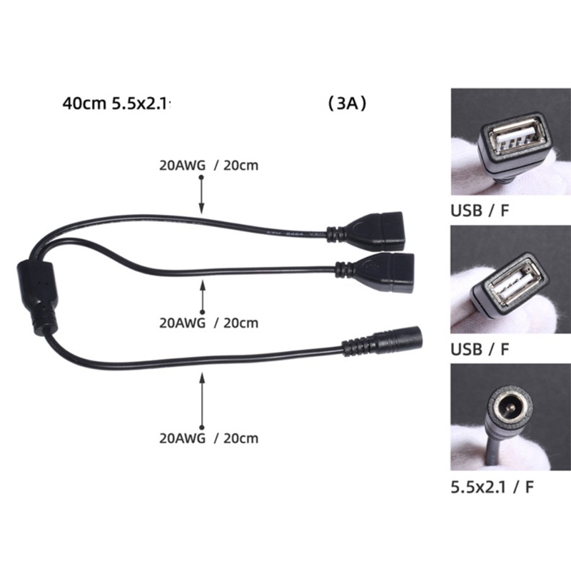 Cre Kabel USB Ke DC, Kabel Cas Daya DC 5.5x2.1 mm 5V, Colokan Jack Barel Elektronik DC 5.5X2.1mm Female to 2usb Fe