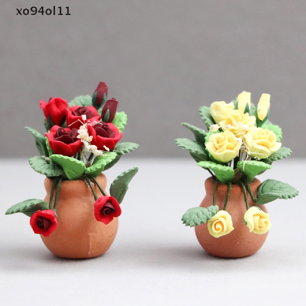 Xo 1: 12rumah Boneka Miniatur Mawar Bunga Flowers Pot Model Taman Dekorasi Mainan Aksesoris Rumah Boneka OL