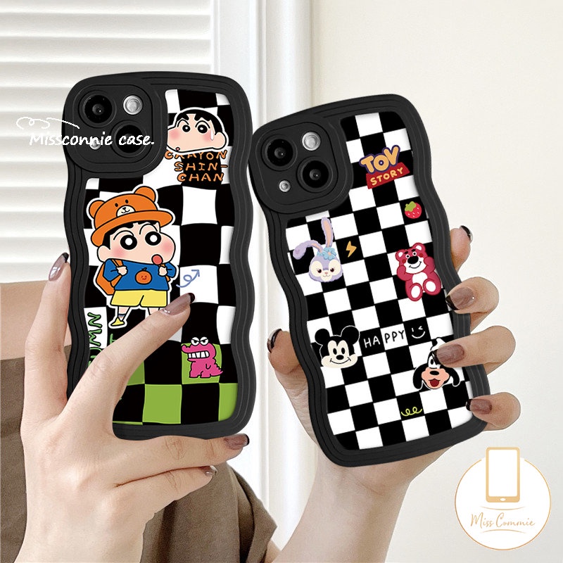 Cute Disney Miekey Manyo Case Kompatibel Untuk IPhone 7Plus 11 14 13 12 Pro Max XR 14 7 6 8 6s Plus X XS Max SE 2020 Lembut Bergelombang Tepi Papan Catur Kartun Dinosaurus Crayon Shin-chan Cover