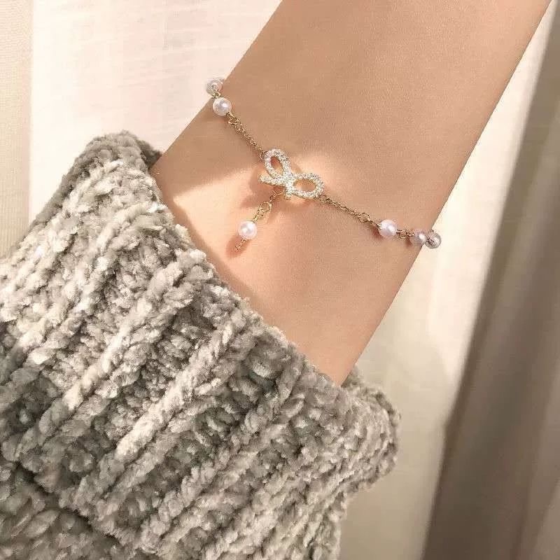 Gelang Mutiara Korea Simple Butterfly Heart Gelang Rantai Manik-Manik Putih Untuk Perhiasan Aksesoris Wanita