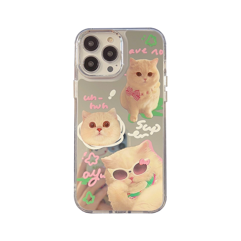 IPHONE Kacamata Hitam Lucu Pink Hijau Kucing Kartun Make Up Cermin Transparan Case Untuk Iphone14 11 12 13 PRO MAX Casing Cover Pelindung AT0214