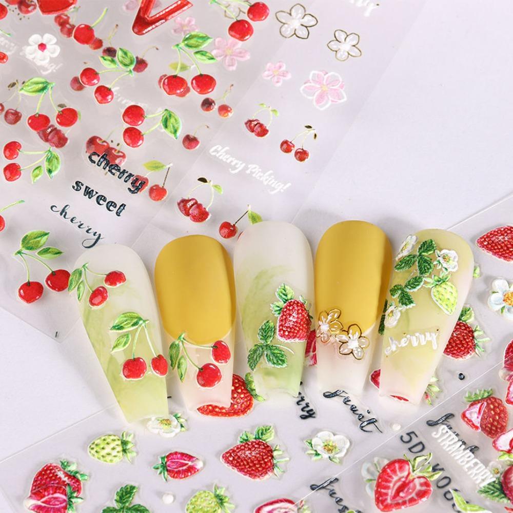 AUGUSTINA Stiker Kuku Buah Agustinina Gaya Jepang Musim Panas Daun Cherry Lemon Self Adhesive Dekorasi Kuku