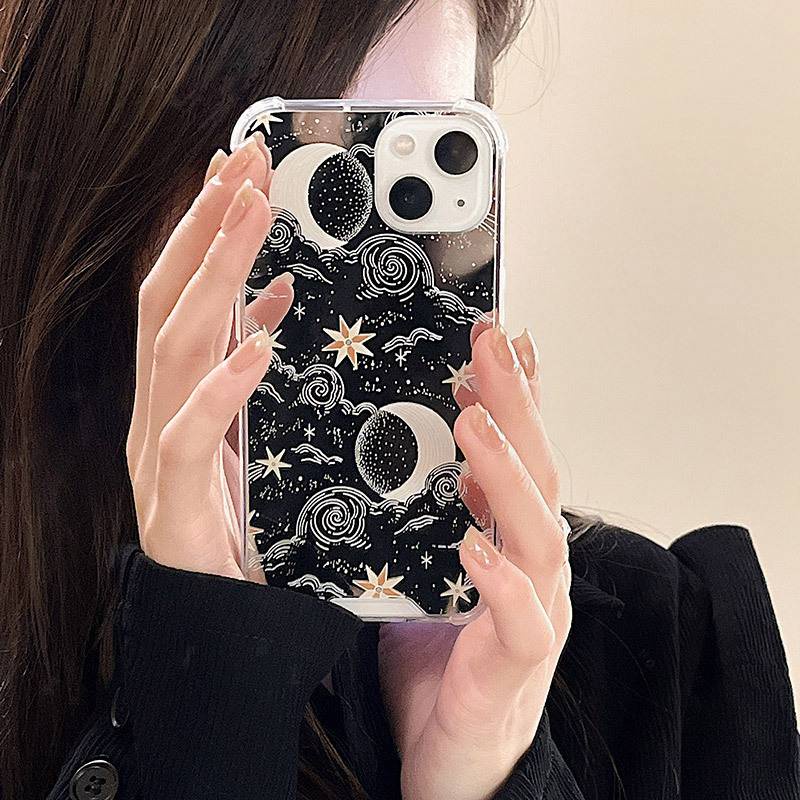 【Anti Fall Mirror】Star Moon Silicone Soft Case Iphone 6S 7 8 Plus X XR XS Max IPhone 11 12 13 14 Pro Max 14 Plus 7+ 8+ 12 13 mini for Women Girl Ins Pretty Case Missconnie