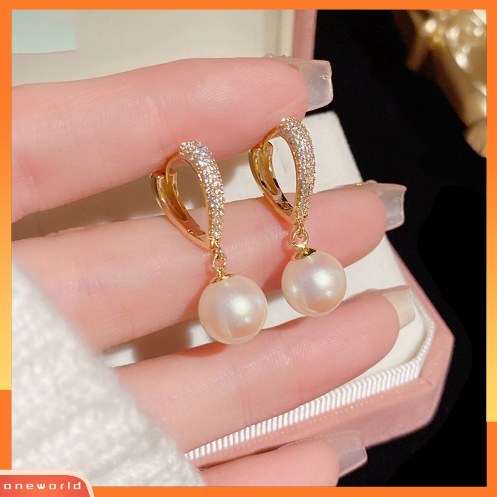 [ONE] 1pasang Anting Pejantan Menawan Geometris Bersinar Berlian Imitasi High Gloss Dekoratif Hypoallergenic Faux Pearl Hoop Earrings Perhiasan Aksesori