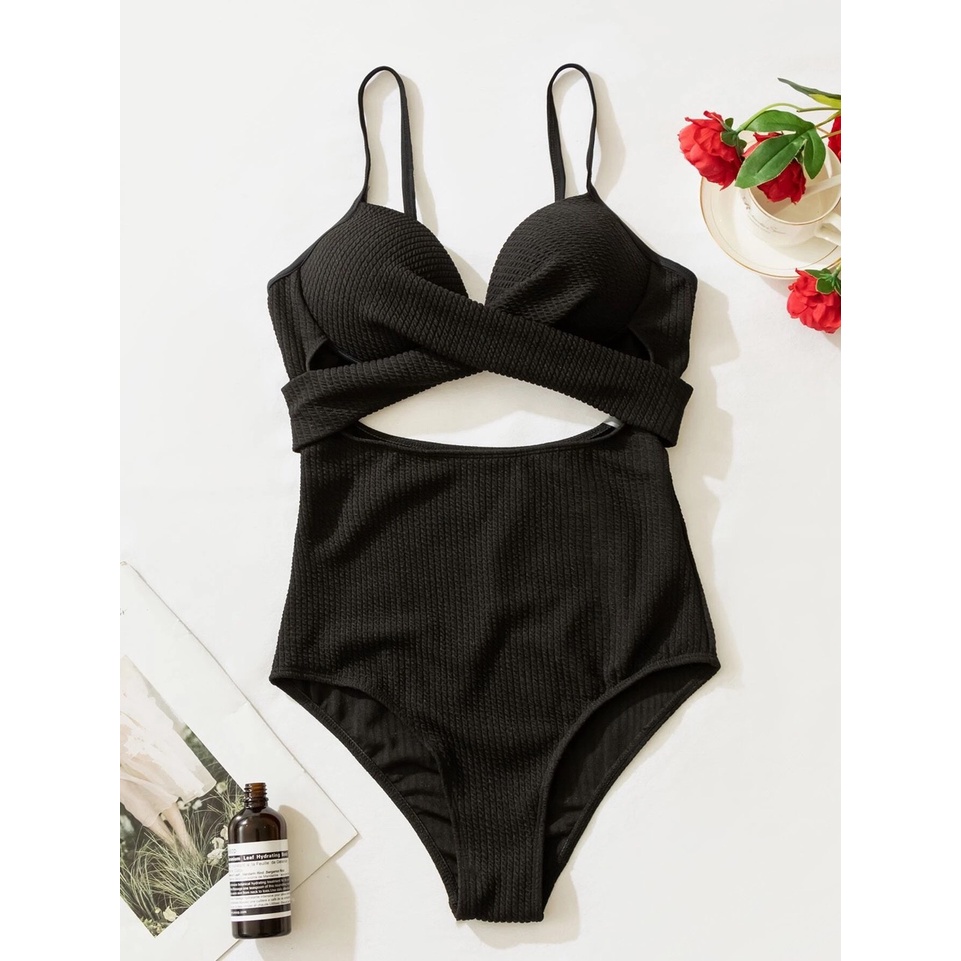 Bikini Set One Piece Baju Renang Wanita Swimsuit Swimwear Hitam Tali Menyilang Bra Push Up Bahan Tekstur Lembut Stretch