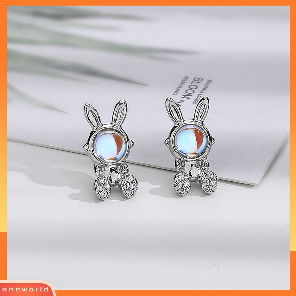 [EONE] 1pasang Ear Studs Faux Moonstone Mini Bawa Keberuntungan Bling Berlian Imitasi Kelinci Bunny Wanita Anting Perhiasan Aksesoris