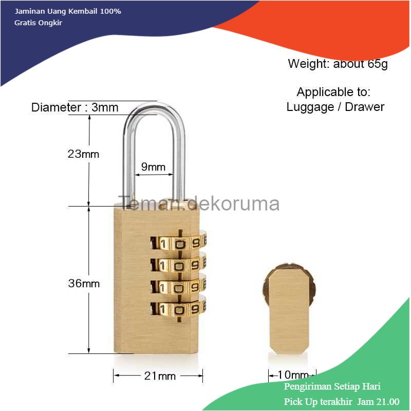 TD - RTG KAK Gembok Koper Padlock 4 Digit Combination Solid Brass 21x59mm - M1502