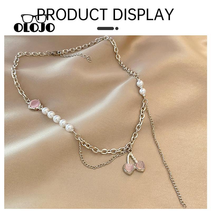 【COD】Cherry Pearl Splicing Necklace Musim Panas Gaya Manis Keren Ringan Mewah Rantai Tulang Selangka Metal