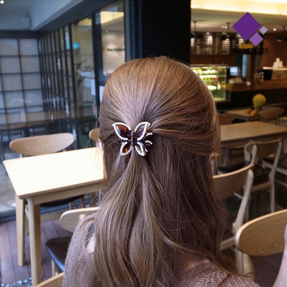 &lt; Naiveblues &gt; Wanita Fashion Berlian Imitasi Kupu-Kupu Hairclip Ponytail Holder Aksesoris