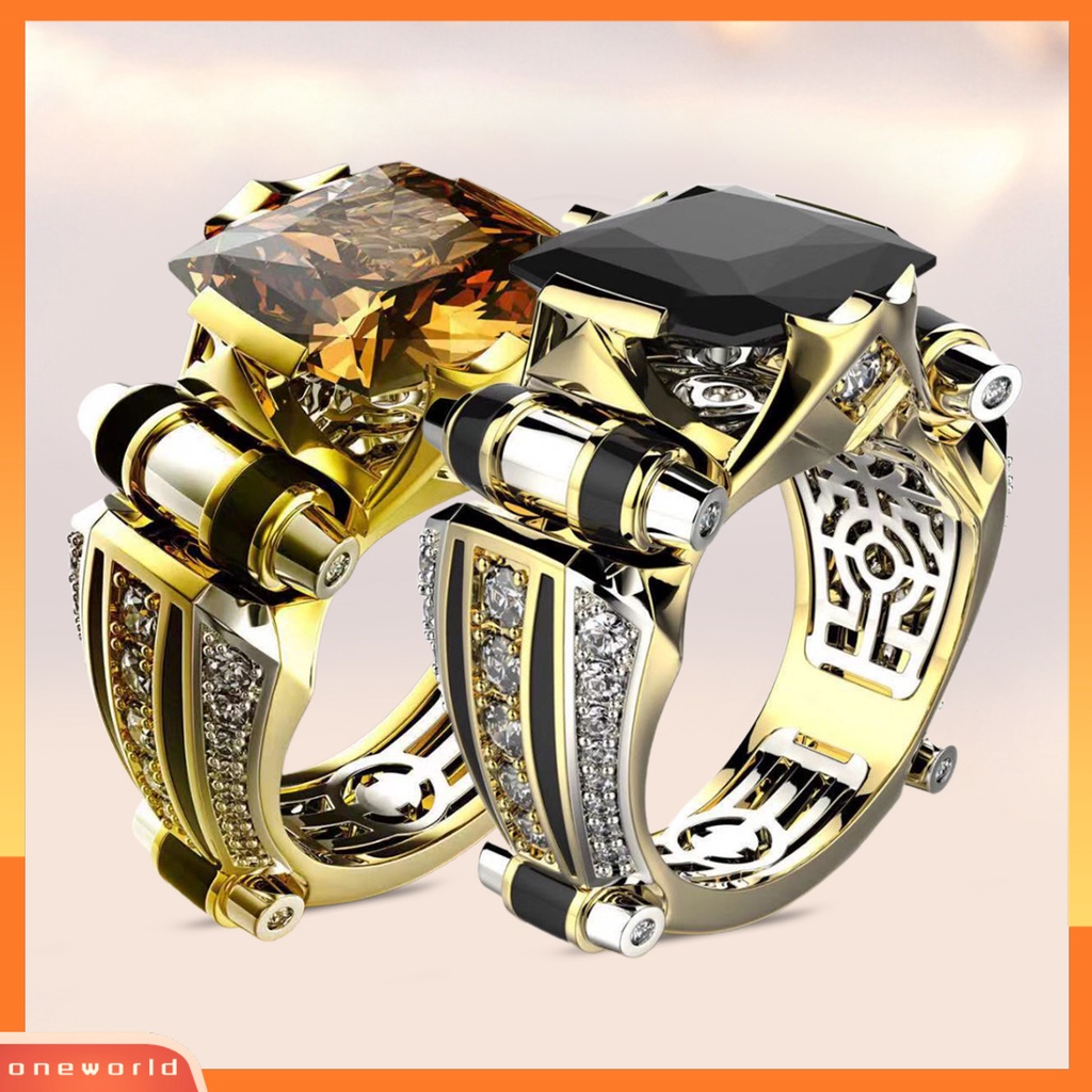 [EONE] Wanita Cincin Faux Square Crystal Two-tone Vintage Keren Punk Hadiah Berongga Bling Cubic Zirconia Ladies Finger Ring Untuk Pesta