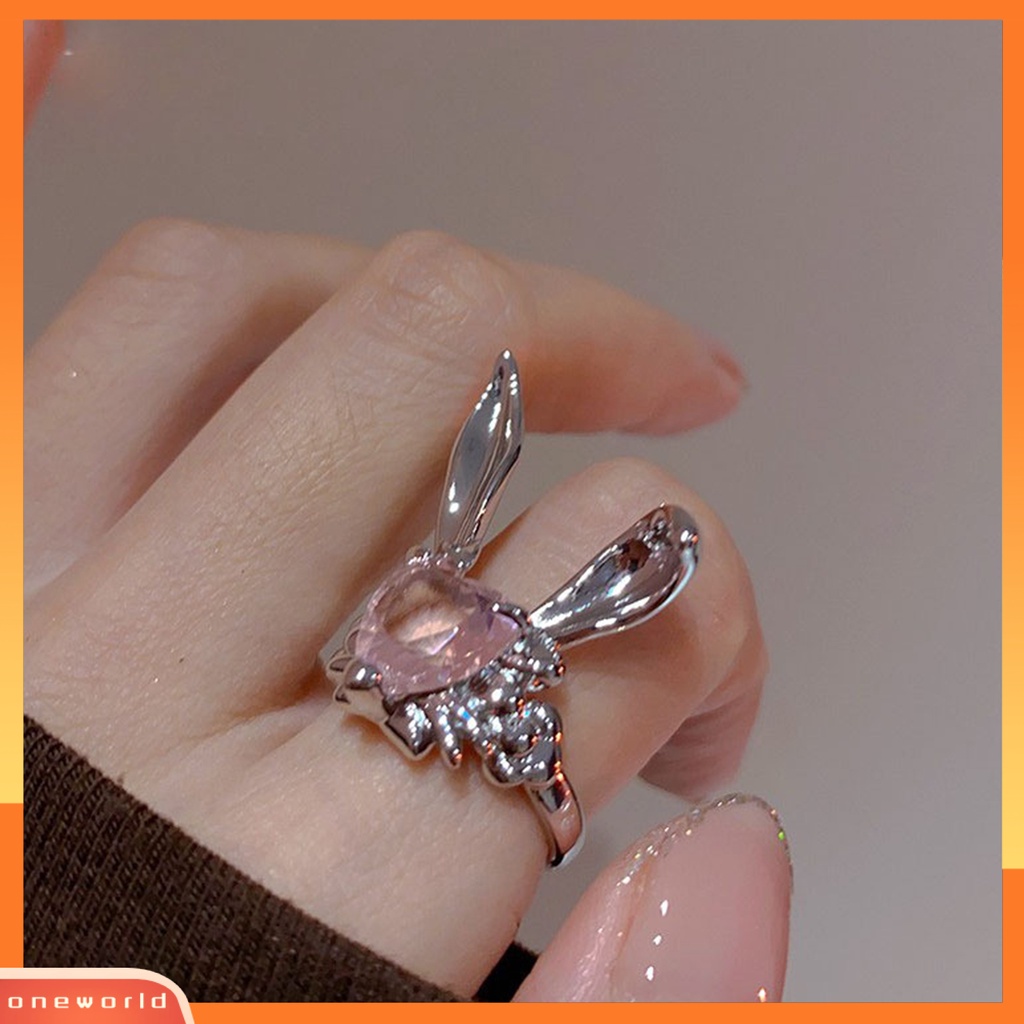 [EONE] Jari Cincin Adjustable Indah Berlian Imitasi Merah Muda Hati Indah Telinga Kelinci Wanita Jari Cincin Hadiah Hari Valentine