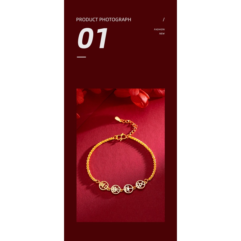 Goldkingdom Perhiasan Fashion 24k Bangkok Aksesoris Ready Stock Berkilau Gelang Dalam Waktu Lama Tidak Luntur Gaya Cina Aman Dan Bahagia Gelang.