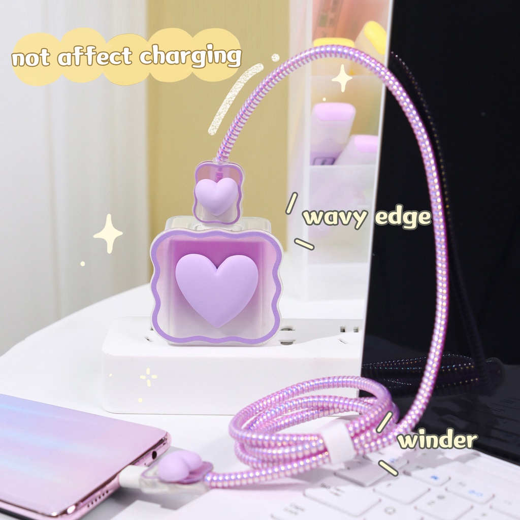 Sweet Love Heart Charger Set Pelindung Kompatibel Untuk iPhone 18W/20W Tepi Bergelombang Lembut TPU Charger Lengan Warna Laser Pelindung Kabel Ungu Pink Hitam Aksesoris Telepon Wanita