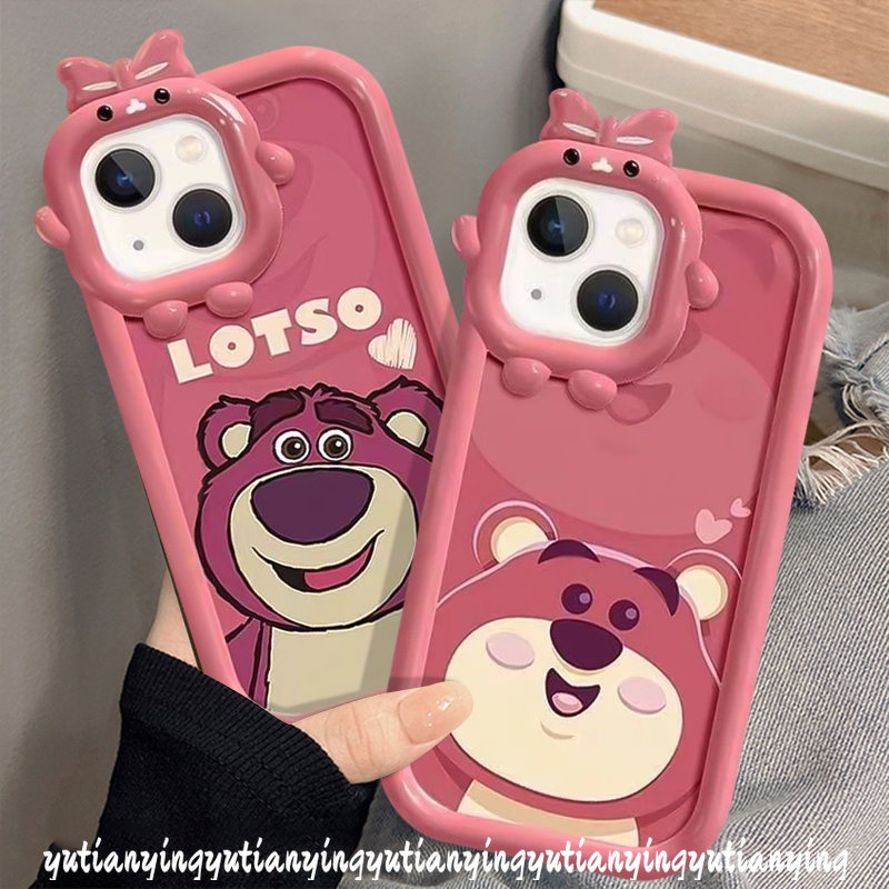 Casing Ponsel Lensa Monster Kecil Ikatan Simpul 3D Kompatibel Untuk iPhone XR XS X Max11 7Plus 11 12 14 13 Pro Max 7 8 6s 6 Plus SE 2020 Kartun Cute Manyo Strawberry Bear Soft Back Cover