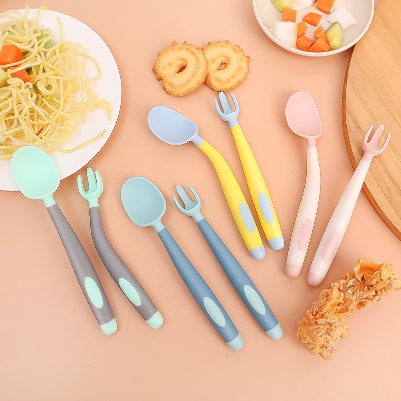 2 Pcs/Set Indah Bayi Anak Sendok Garpu Set Lembut Ditekuk Silikon Sendok Garpu Kit Peralatan Makan Balita Pelatihan Makan Sendok Garpu Peralatan