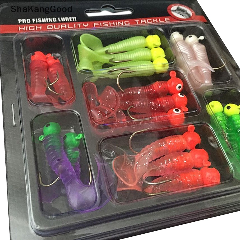 Umpan Pancing Selip Set Jig Lead Head Hooks Cacing Lembut Grub Umpan Ekor Tunggal 17Pcs SKK