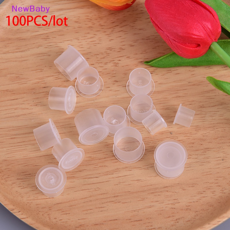 Newbaby 100pcs Cangkir Tinta Tato Wadah Plastik Bening Permanen Makeup Pigmen Caps ID