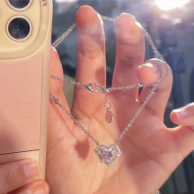 Y2k Crystal Necklace Pink Diamond Kalung Liontin Aesthetic Untuk Wanita Aksesoris Perhiasan