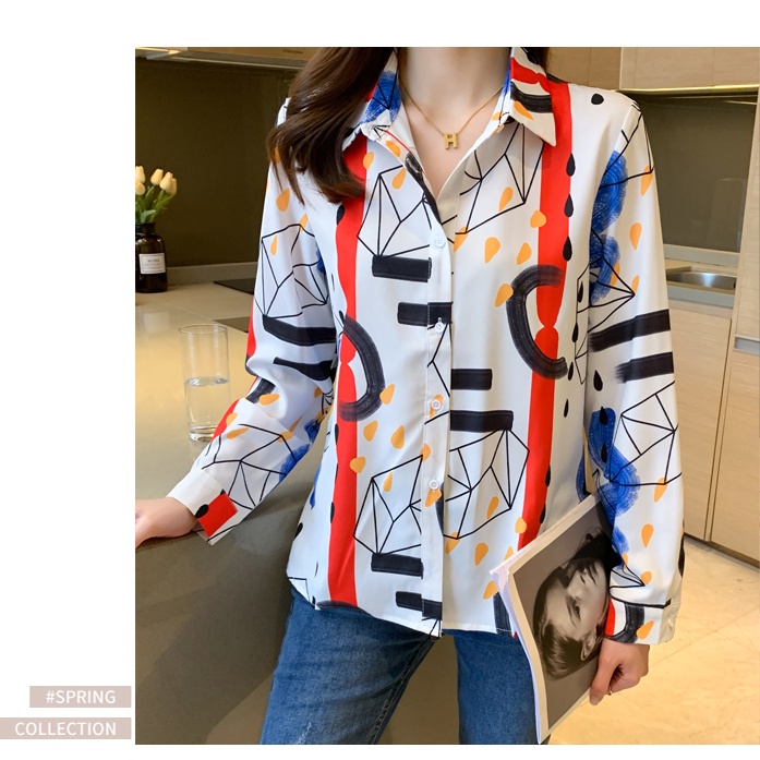 2023 New Fashion Korean White Long Sleeve Women Shirt Personalized Print Casual OL Work Party Tops Clothes