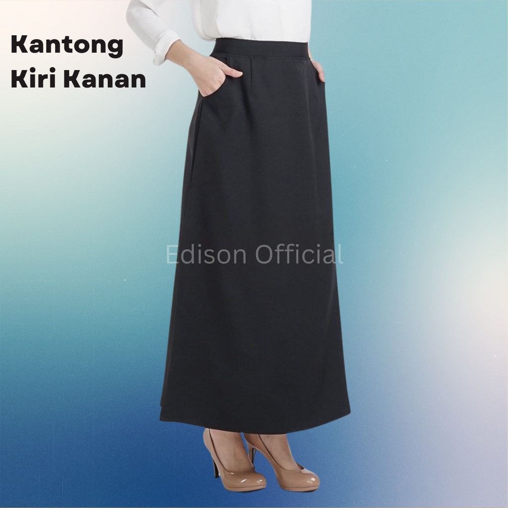 Rok A Panjang Pinggang Karet Bahan Wool Import Tebal Wanita Formal Casual Sekolah Kerja Hitam Abu Cokelat Biru