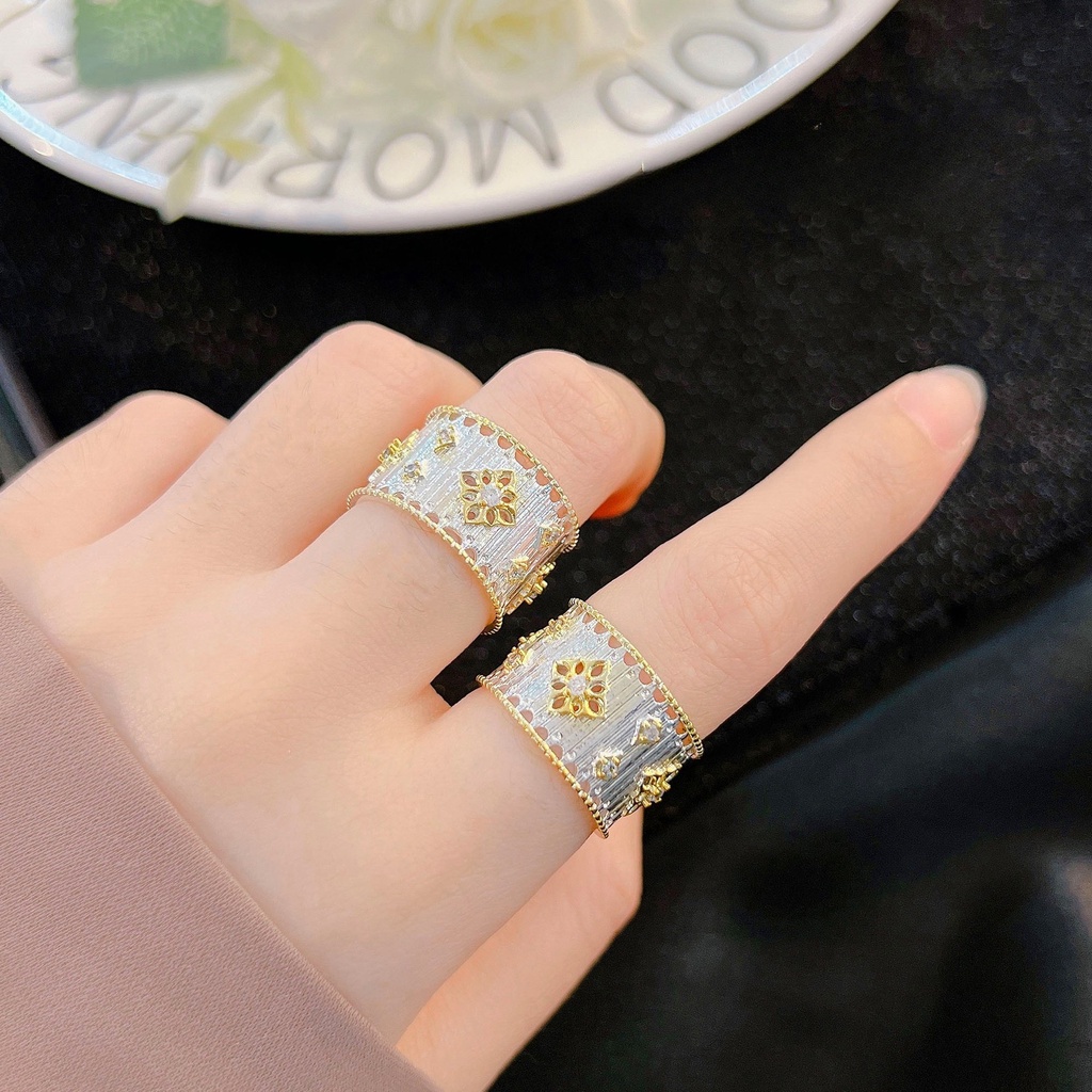 Goldkingdom Aksesoris Perhiasan Fashion Ready Stock Istana Gaya Ukiran Pengerjaan Emas Renda Rolling Bead Edge Snowflake Ring Edisi Lebar Cincin