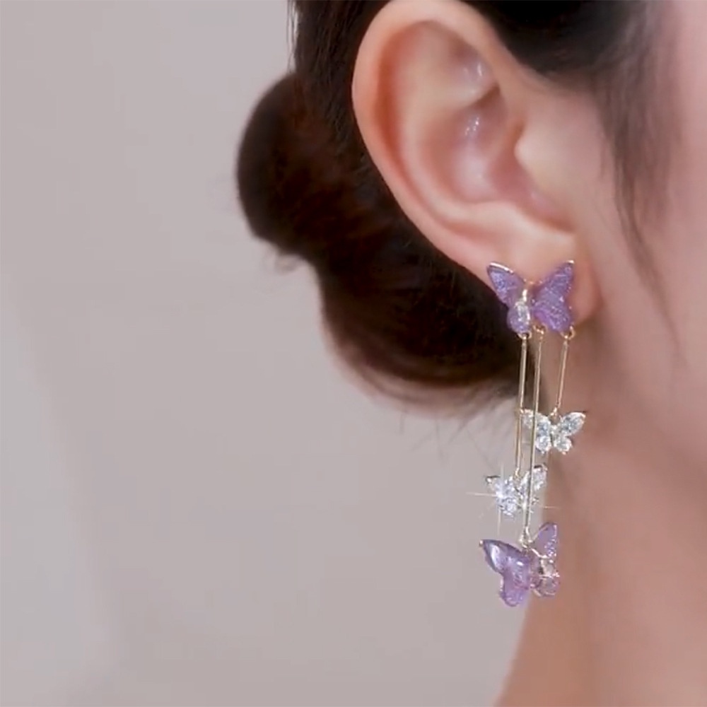 Deartiara Anting Rumbai Kupu-Kupu Kristal Ungu Dengan Desain Unik, Anting Indah, Anting Lembut Dan Premium