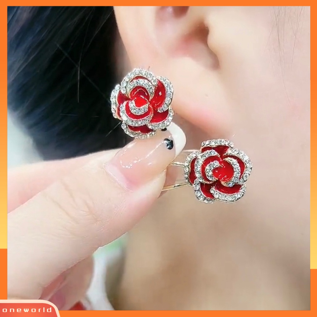 [EONE] 1pasang Drop Earrings French Romantic Gentle Vintage Manis Elegan Dress Up Alloy Bunga Mawar Telinga Klip Aksesoris Fashion