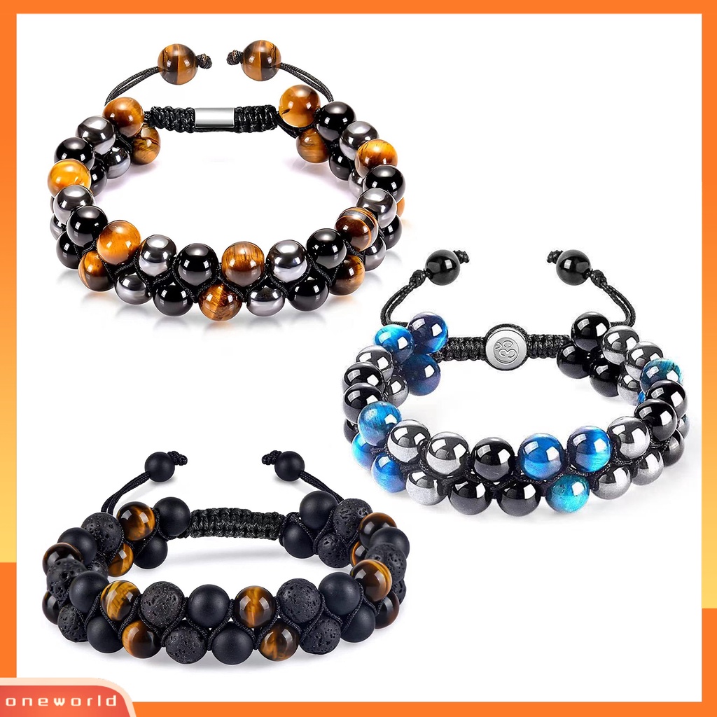 [EONE] Manik-manik Gelang Adjustable Manik-Manik Lapisan Ganda Perlindungan Tiga Tali Elastis Membawa Keberuntungan Hadiah Pria Wanita Alami Faux Tiger Eye Healing Bracelet Untuk Teman