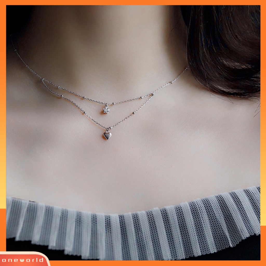 [EONE] Wanita Kalung Gaya Korea Dan Jepang Fashion Aksesoris Hadiah Anniversary Manis Double-Layered Star Love Heart Rhinestone Necklace Untuk Pacaran