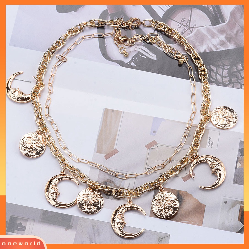 [EONE] Pesona Kalung Electroplating Shiny Adjustable Vintage Dress Up Alloy Baroque Alloy Moon Sun Pendant Necklace Wanita Perhiasan