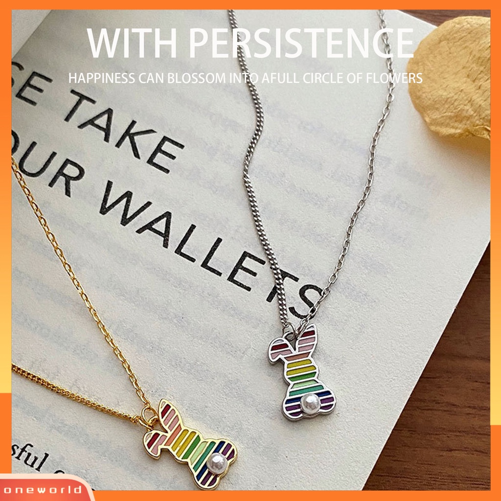 [EONE] Wanita Kalung Rainbow Oil-dripping Bergaris Mutiara Imitasi Elegan Kelinci Liontin Klavikula Kalung Fashion Perhiasan